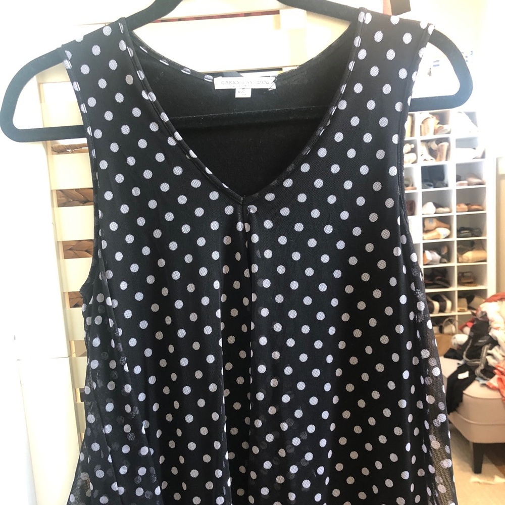 Black sleeveless top w polka dotted sheer overlay